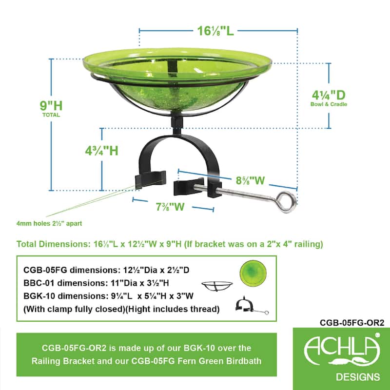 Achla Designs 12.5"Dia. Round Crackle Glass Birdbath w/Black Wrought Iron Over Rail Bracket