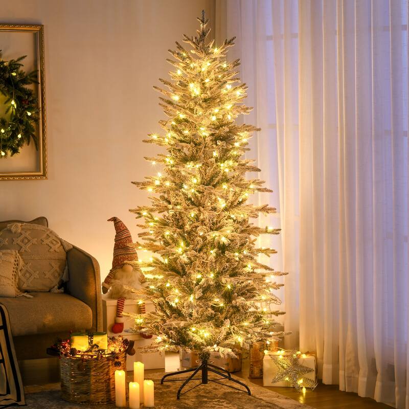 HOMCOM Pre-Lit Artificial Christmas Tree - Snow Flocked Branches, Warm Yellow Lights, Auto Open, Extra Bulb - Green