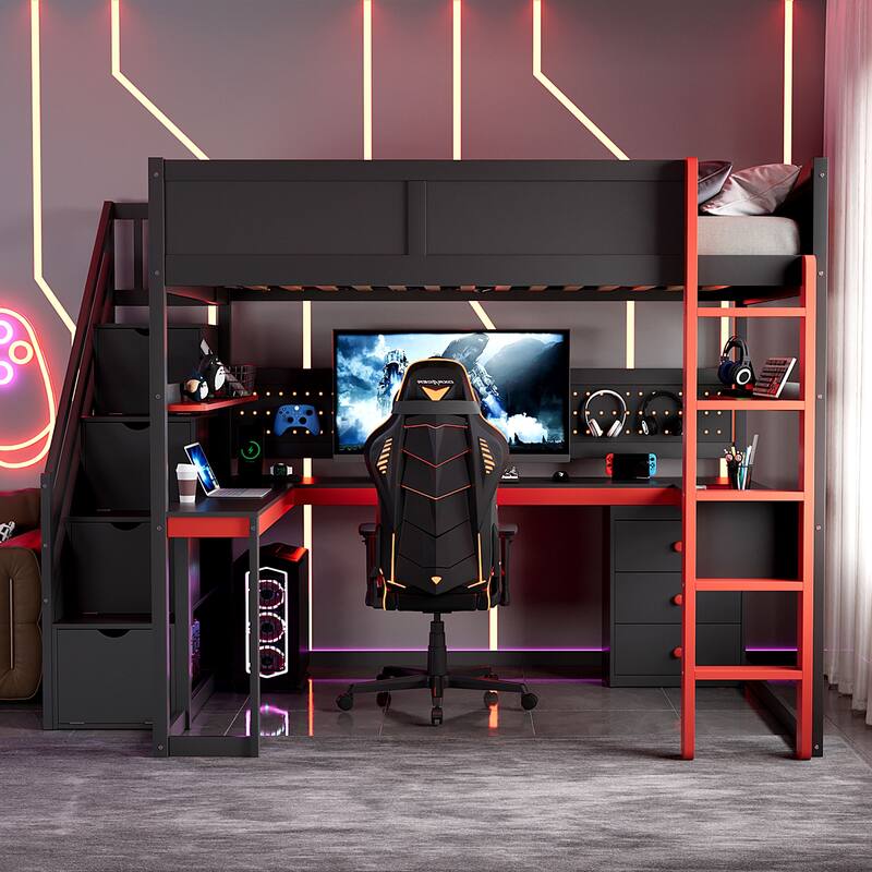 Full Size Wooden Gaming Loft Bed with Storage Stairs, Desk, Shelves & Pegboard