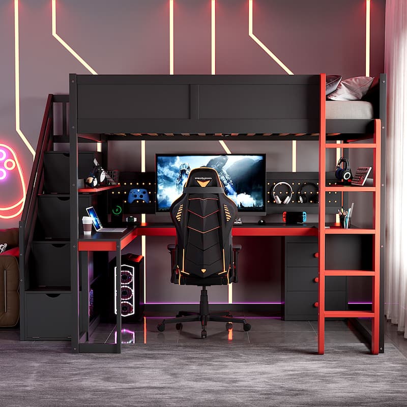Gaming Loft Bed with Desk - Full/Twin, Includes Storage Stairs, Shelves & Pegboard