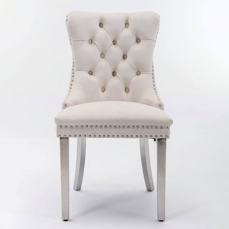 Tufted Velvet Dining Chairs - Solid Wood - Golden Stainless Steel Legs - Nailhead Trim - Set of 2