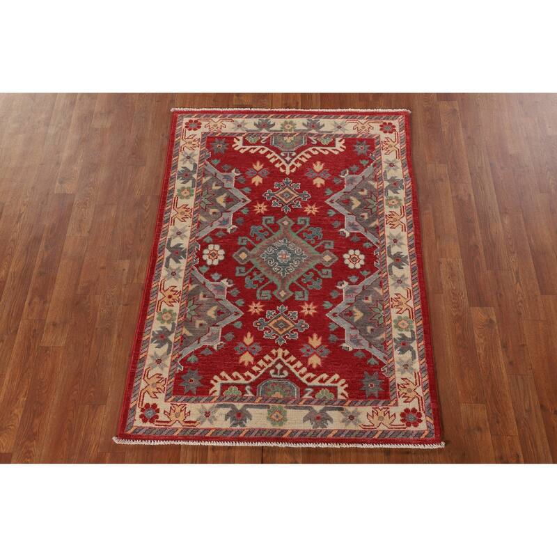 Red Kazak Accent Rug Handmade Geometric Wool Carpet - 3'4"x 4'8"