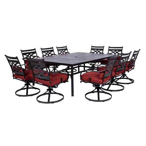 Hanover Montclair 11-Piece Dining Set in Chili Red with 10 Swivel Rockers and a 60-In. x 84-In. Table