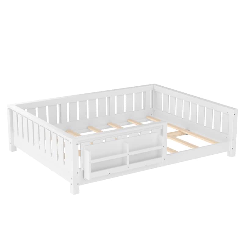Low Profile Montessori Bed Floor Platform Bed with Fence and Bookshelf