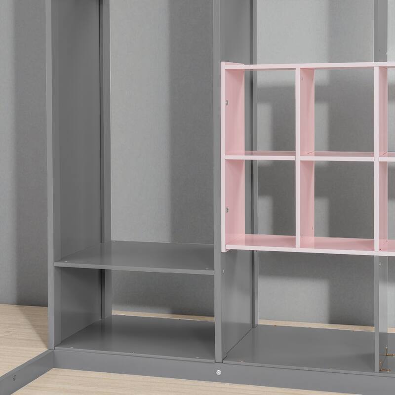 Space-Saving Twin/Full Loft Bed, Solid Wood Frame with Open Wardrobe, Colorful Shelves, Cabinet Storage & Reversible Ladder