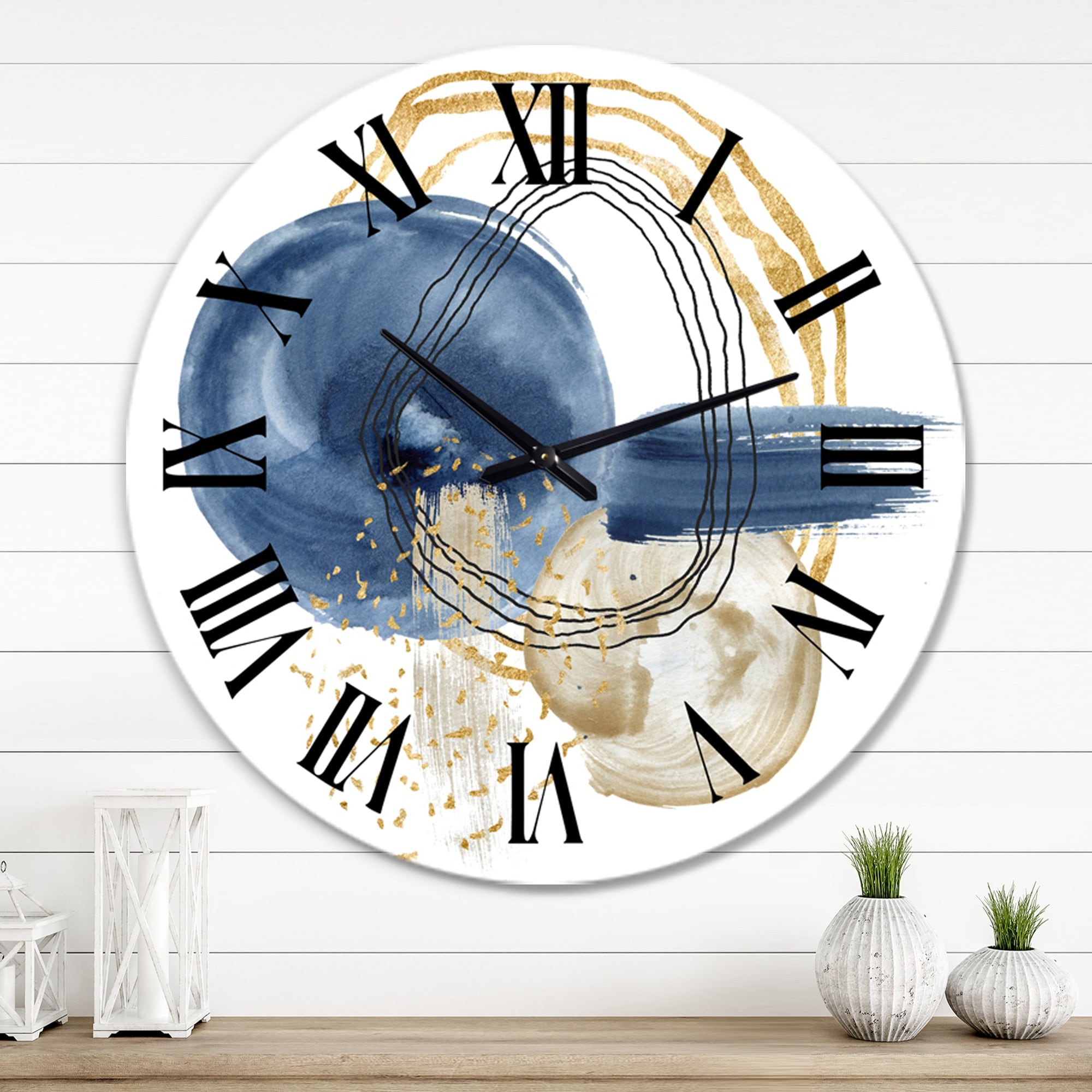 Designart 'Abstract Dark Blue Gold & Black Underwater Life' Modern wall clock