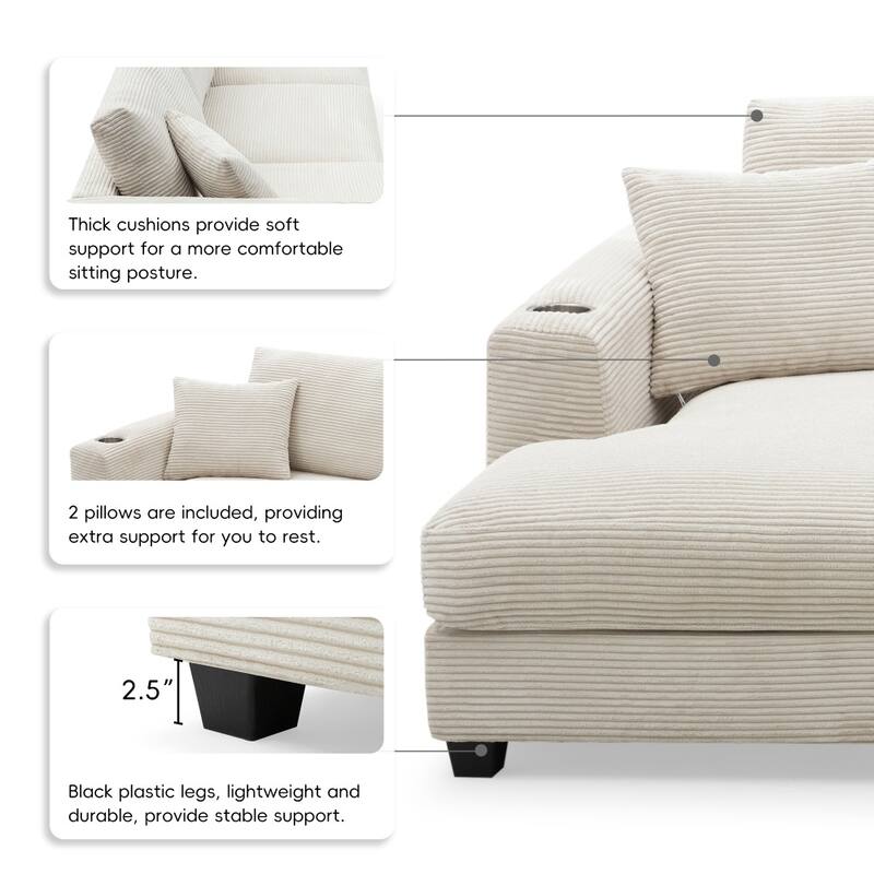 134" Oversized Corduroy Sectional L-shaped Cloud Sofa with USB Charging Port and Cup Holder