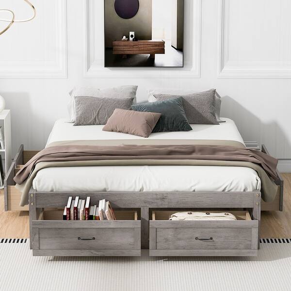 slide 2 of 9, Sleek Design Queen Size Platform Bed with 6 Storage Drawers, Wooden Bed Without Headboard, Antique Gray Antique Gray