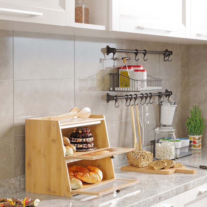 2-Layer Wooden Bread Box, Large Capacity Bread Storage Container Bin