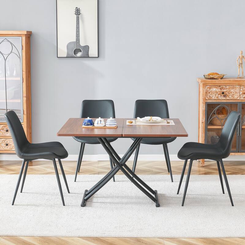 Table and chair set.Modern Multifunctional Lifting Platform, Paired with 4 Black Artificial PU Chairs