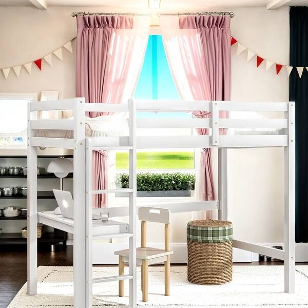 slide 2 of 28, Twin Size Wood Bunk Bed with Built-In Desk and Ladder ,Easy Assembly White