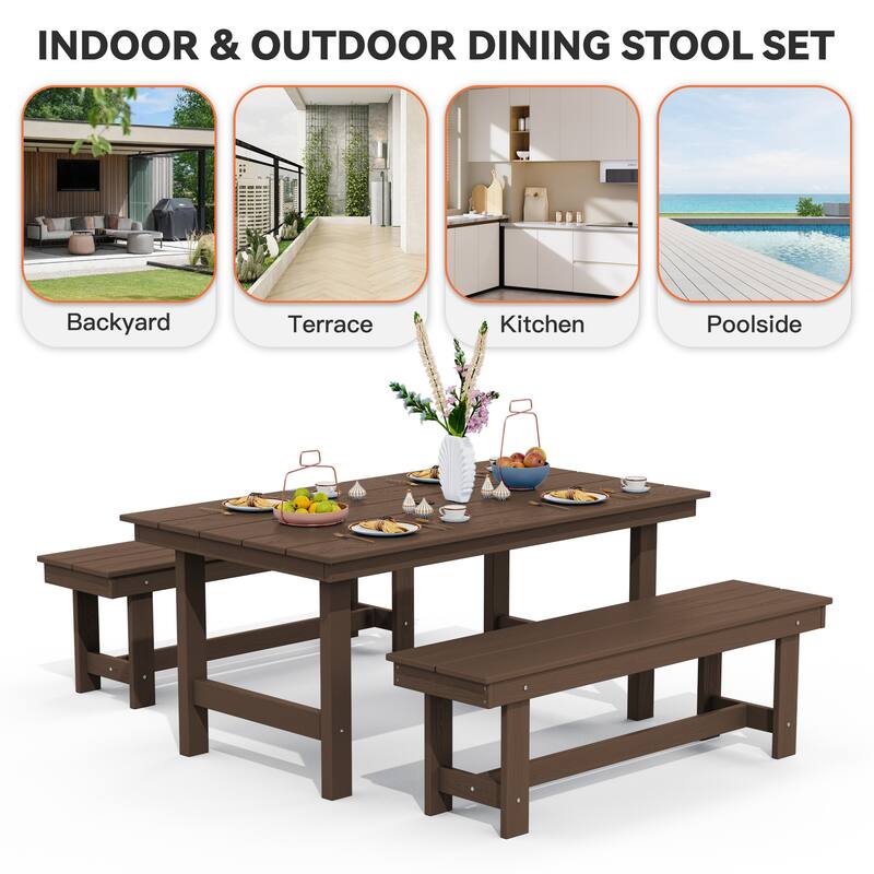 3-Piece HDPE Outdoor Dining Set with Umbrella Hole Table and Two 2-Person Benches
