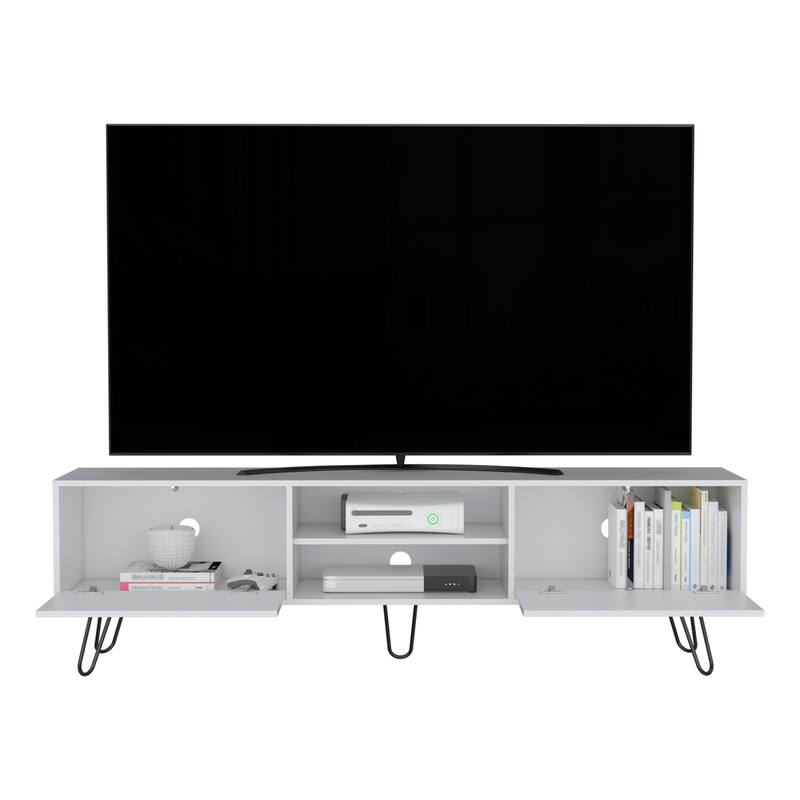 Stylish TV Console with Hairpin Legs, Hinged Storage Drawers & Open Middle Shelves, 55-Inch TV Stand for Living Room