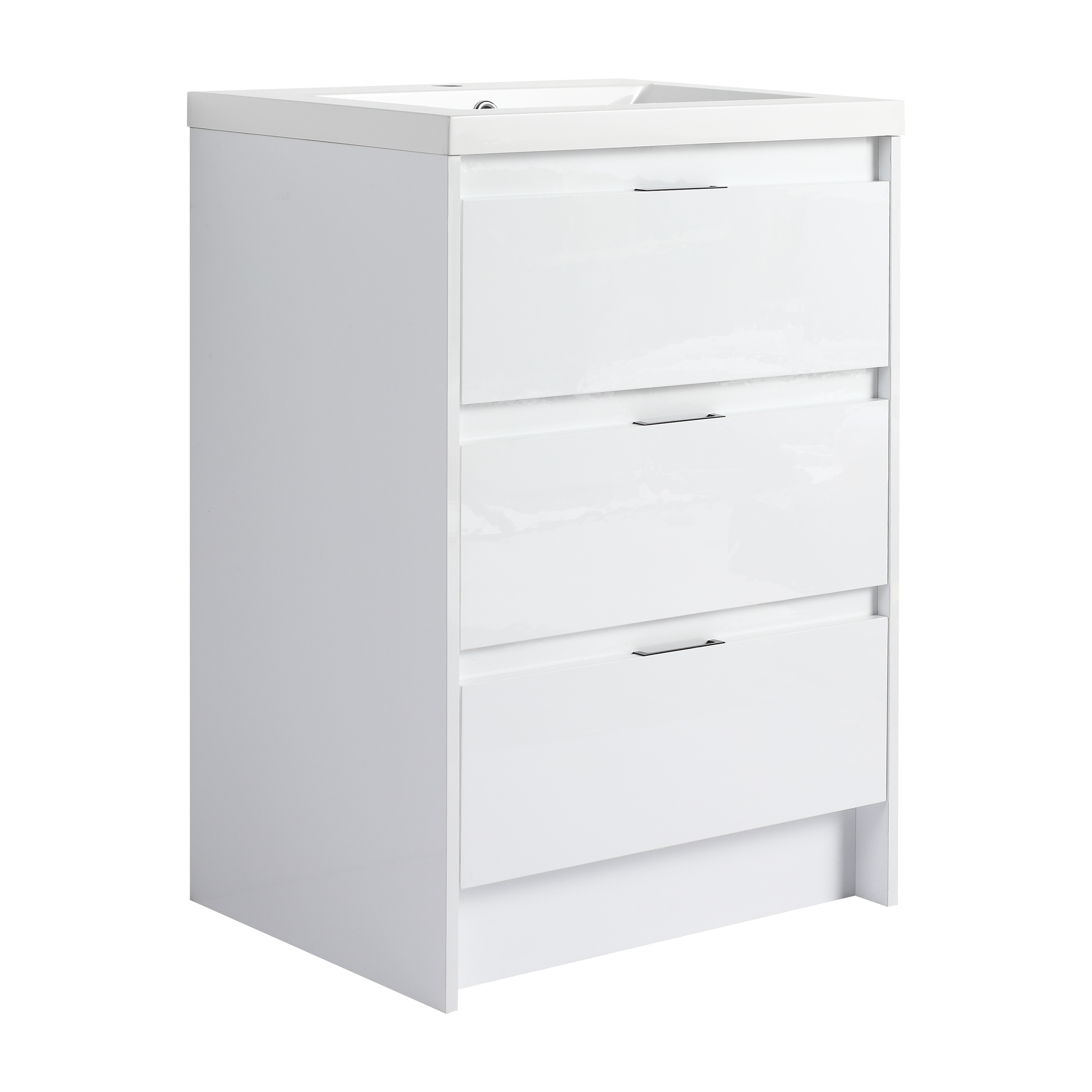 24" Freestanding Bathroom Cabinet with Resin Sink, 3-Soft Close Drawers, Glossy White,(KD-Packing)
