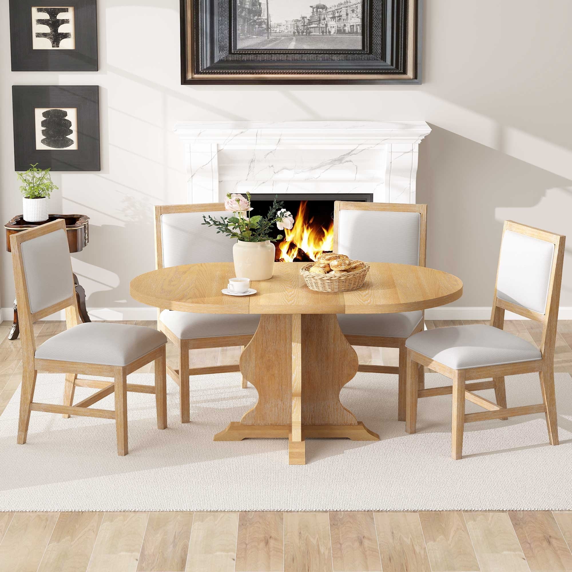 Farmhouse 5-Piece Extendable Dining Table with 15.7" Leaf & 4 Upholstered Chairs