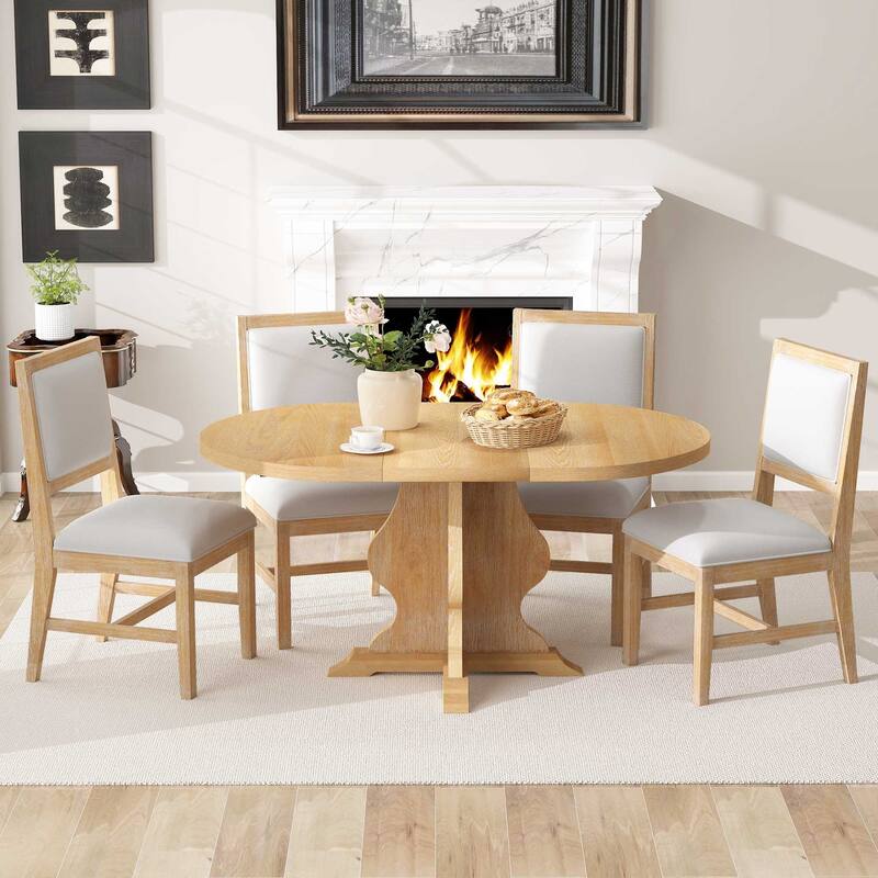 Roomfitters Farmhouse Extendable Dining Table, 4 Upholstered Chairs, 5-Piece Kitchen Furniture - Natural Wood Wash