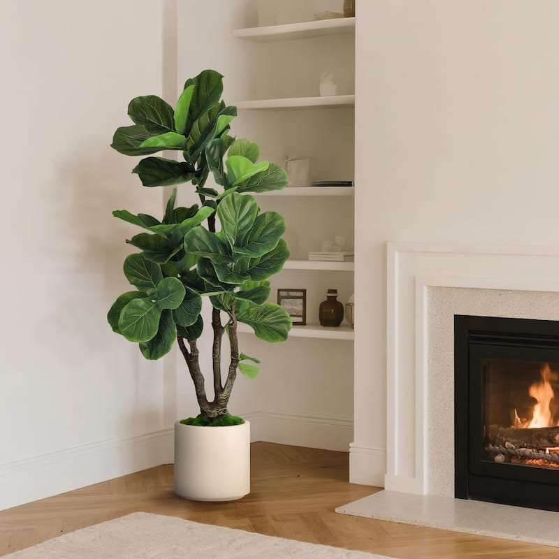 Artificial Fiddle Leaf Fig Tree in White Decor Pot, Faux Green Plant