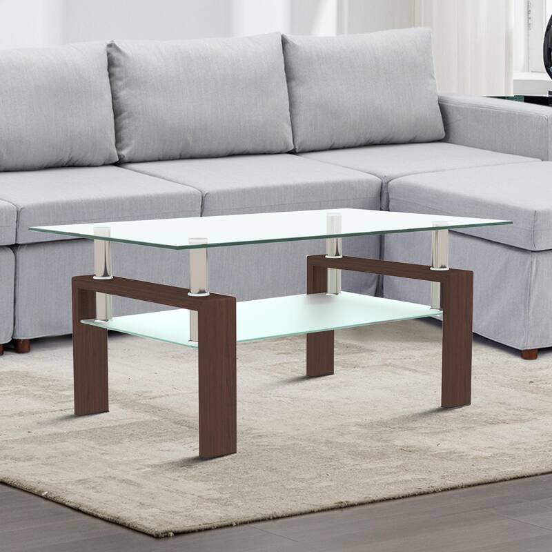 Modern Minimalist Rectangular Coffee Table with Glass Top and Bottom Shelf - Walnut+Transparent