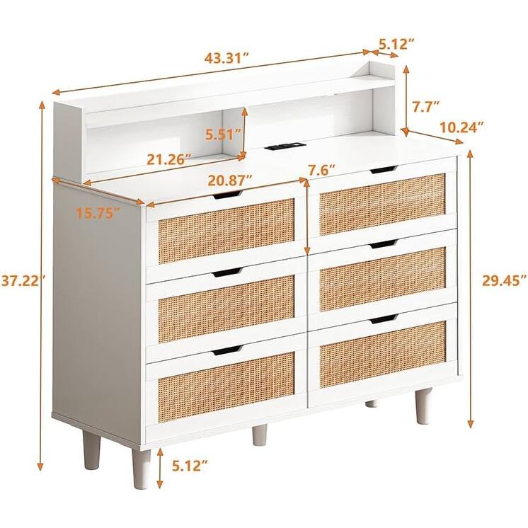 6 Drawer Dresser, Rattan Wood Chest of Drawers , Storage Cabinet Sideboard Console Table