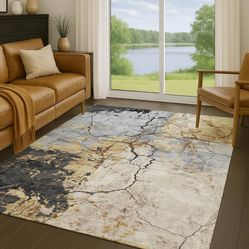 Machine Washable Indoor/ Outdoor Modern Crackle Chantille Rug