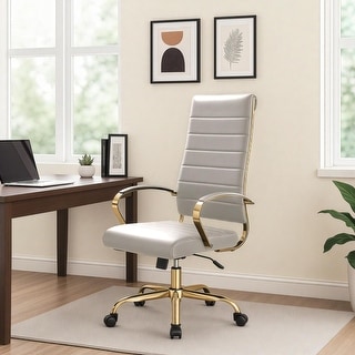 Benmar Ribbed Leather Executive High Back Office Chair with Gold Frame, Swivel, Tilt, Lumbar Support