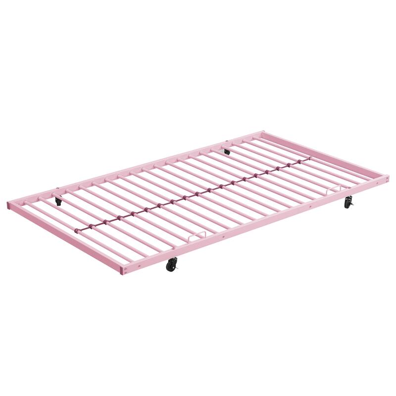 Pink Metal Bunk Bed with Trundle, Space-Saving, Sturdy Steel Frame, Easy Assembly, No Box Spring Needed