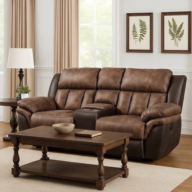 Motion Loveseat with Leatherette Upholstery and Channel Tufts, Brown