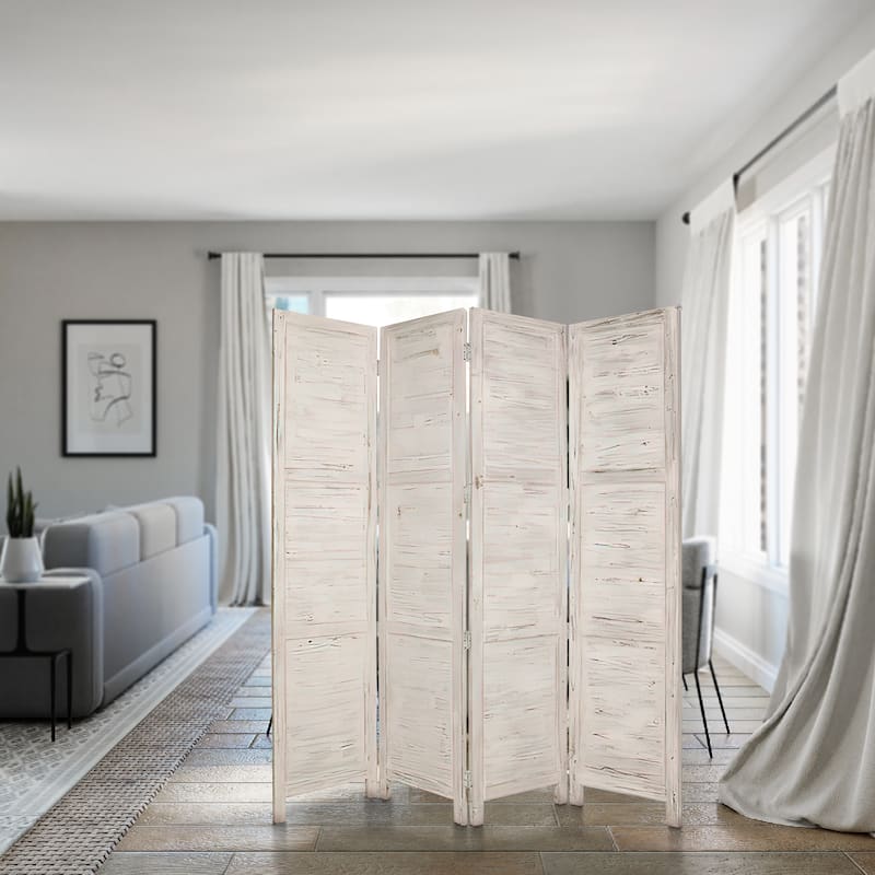 Wooden 4 Panel Foldable Floor Screen with Textured Panels, White