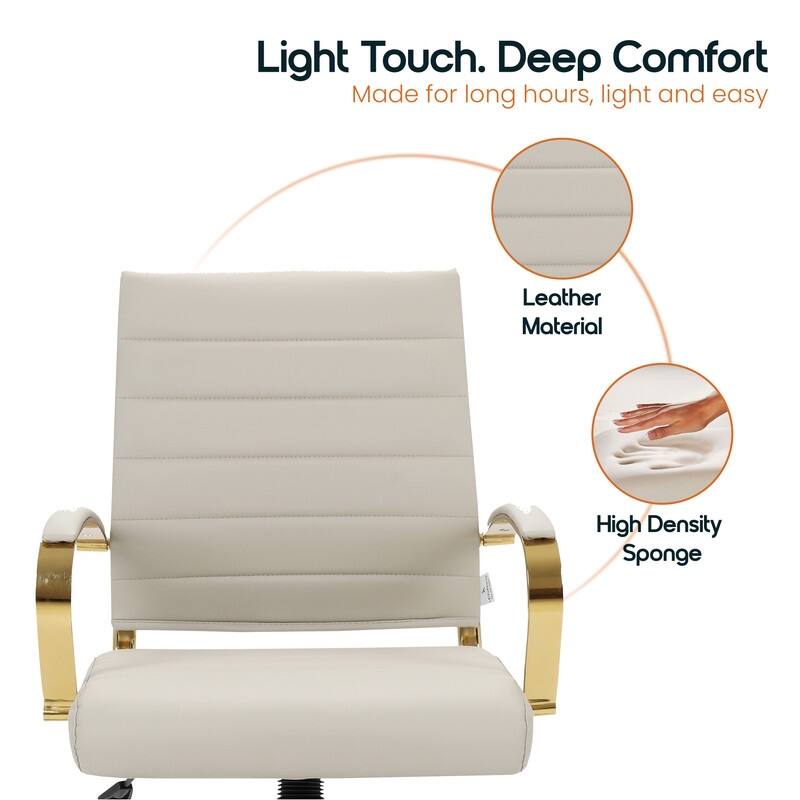 Benmar Mid-Back Leather Office Desk Chair in Gold Stainless Steel Frame Adjustable Height Tilt Lock 360 Swivel Ergonomic Chair