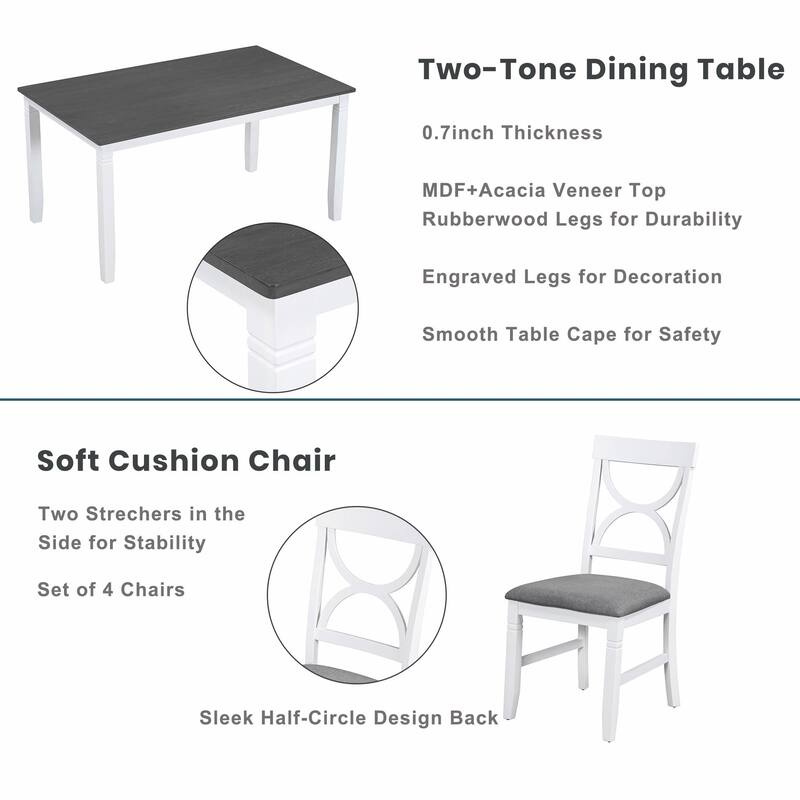 6-Piece Wood Dining Table Set, Kitchen Table Set with Upholstered Bench and 4 Dining Chairs