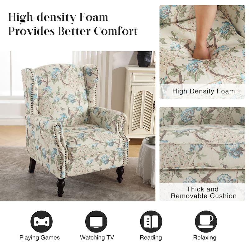 HOMYKA 29'' Wide Floral Pattern Wingback Accent Armchair with Nailhead Trim
