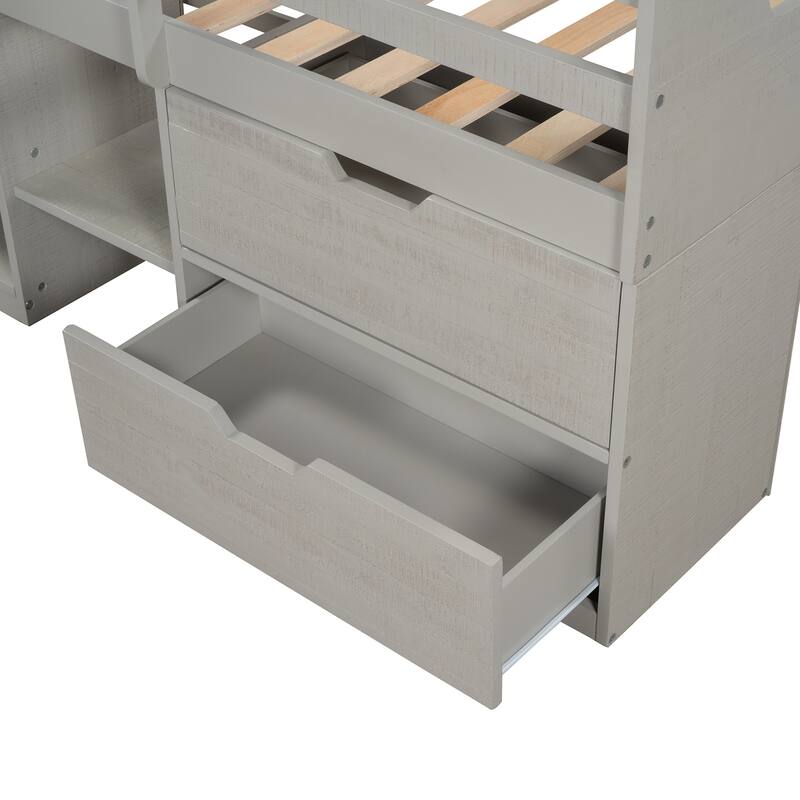Twin Solid Pine Loft Bed with Shelves, Drawers, and Guardrail