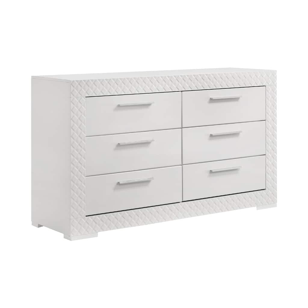 Dema 6 Drawer Wide Dresser, High Gloss White Textured Trim