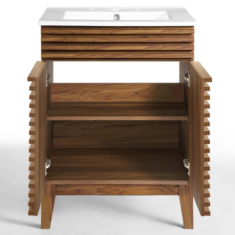 Render 24 Inch Mid-Century Bathroom Vanity With Sink in Walnut White