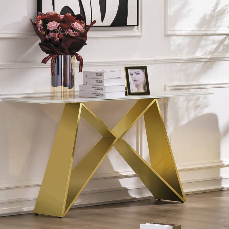 55 inch Rectangle White Glass Console Table with Mirrored M-Shaped Base - Gold