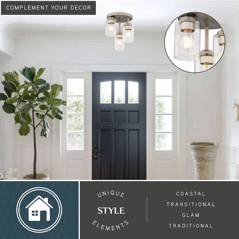 Park Ridge 3-Light Semi Flush Mount Lighting Fixture, Clear Cylinder Glass Shade Low Ceilings, Hallway, Kitchen