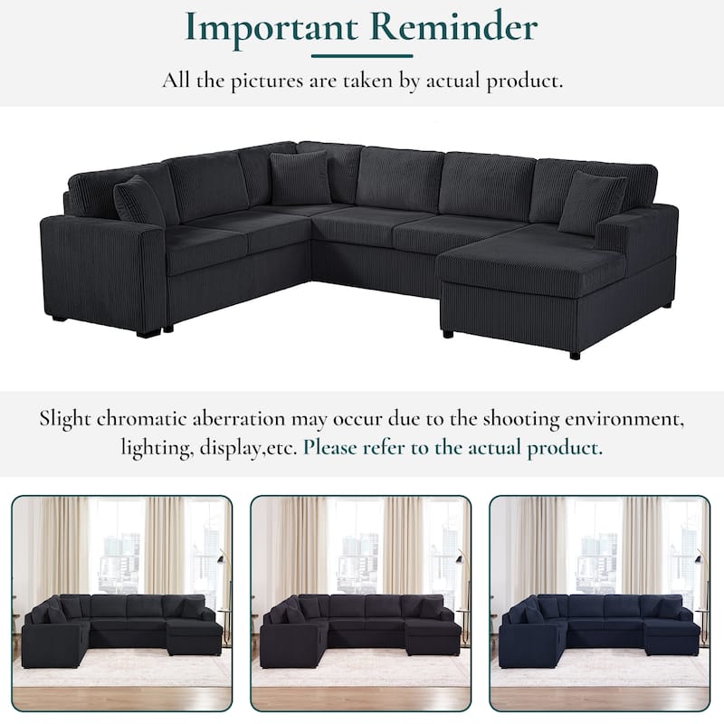 Roomfitters Oversized U-Shaped Sectional Sofa with Chaise Lounge and 3 Throw Pillows for Living Room