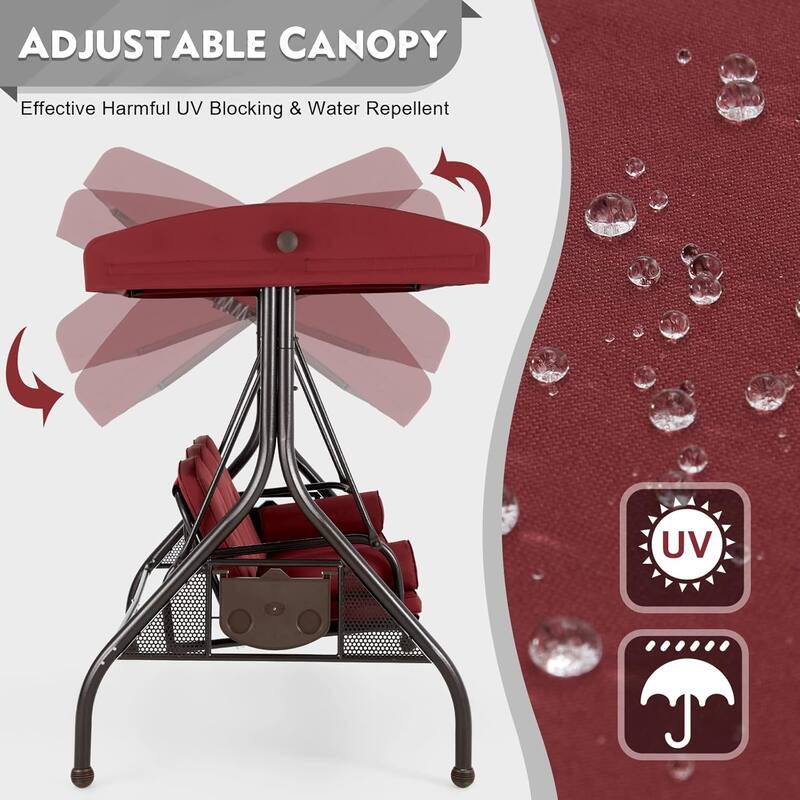 Outdoor 3-Seat Porch Swing with Adjustable Canopy & Cup Holder,Porch Swing Glider Chair, Heavy-Duty Steel Frame