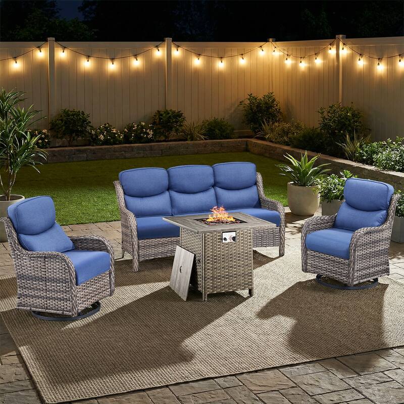 Pocassy Outdoor Propane Fire Table with Sofa Swivel Chair Table Funiture Set. - Gray Wicker Blue Cushion - 4-Piece Sofa Swivel Chair w/ Fie Pit Table