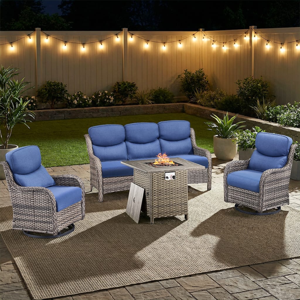 Pocassy Outdoor Propane Fire Table with Sofa Swivel Chair Table Funiture Set.