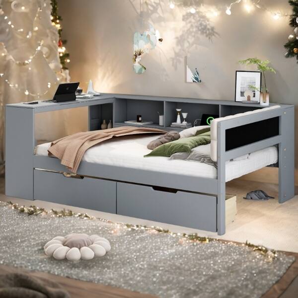 slide 2 of 13, Grey Wood Full Size Platform Bed with Desk, Storage Shelves and Upholstered Headboard Grey