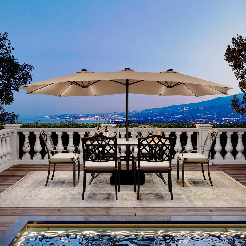 Clihome 15Ft Outdoor Solar Lights Rectangular Crank Market Umbrella, with Base