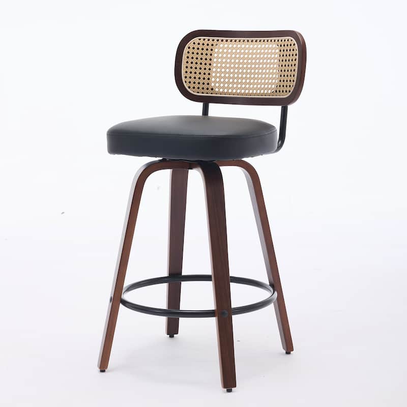 Set of 2 Counter Height Bar Stools - Rattan Counter Height Stools with Cane Back, Upholstered Seat, Swivel Counter Stools