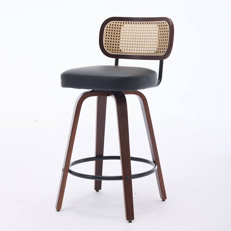 Set of 3 Counter Height Bar Stools - Rattan Counter Height Stools with Cane Back, Upholstered Seat, Swivel Counter Stools