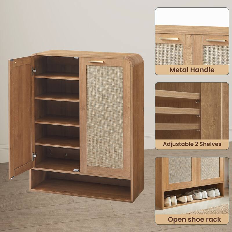 Rossetta 6-Tier Modern Classic Curved edge design shoe cabinet with handmade rattan drawers