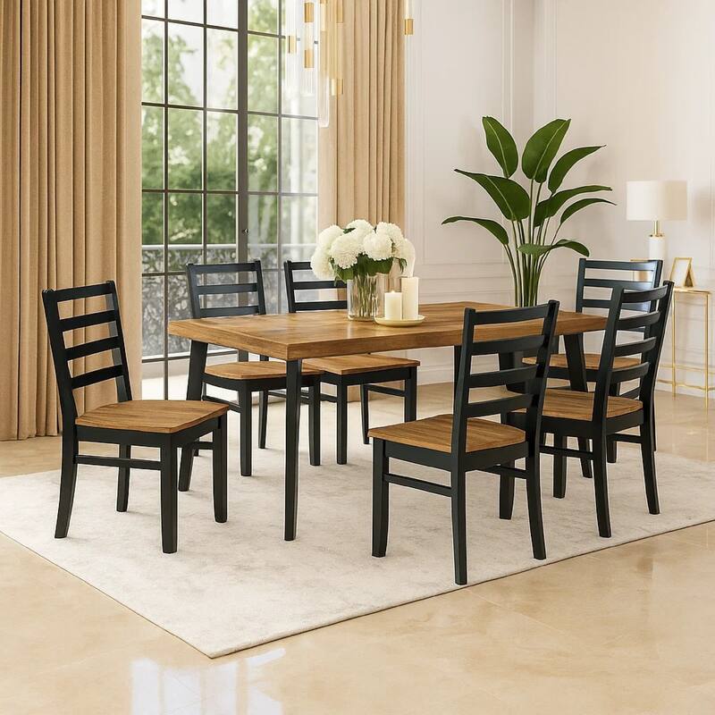 Bia 7pc Dining Table Set, Brown Chevron Tabletop, Black Ladderback Chairs