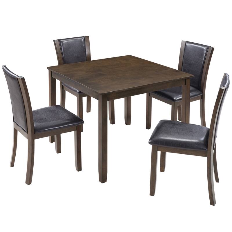 Farmhouse 5 Piece Dining Table Set, Wooden Kitchen Table Set with Square Table and 4 PU Leather Backrest Upholstered Chairs
