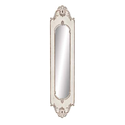 Wooden Floral Slim Oval Vintage Style Wall Mirror with Carved Brown Scrollwork - White - Roche River Decor - 2"W x 16"L x 72"H