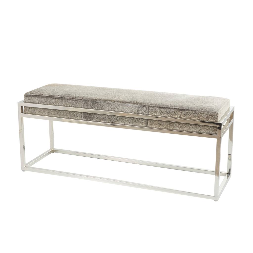 Leather Bench with Silver Stainless Steel Base - Gray - Roche River Decor - 14"W x 44"L x 18"H