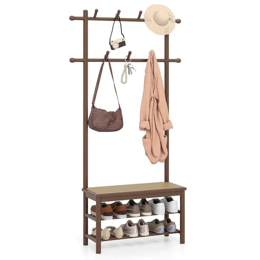 Costway Bamboo Coat Rack with Bench Shoe Storage 2 Hanging Rods 11 - See Details